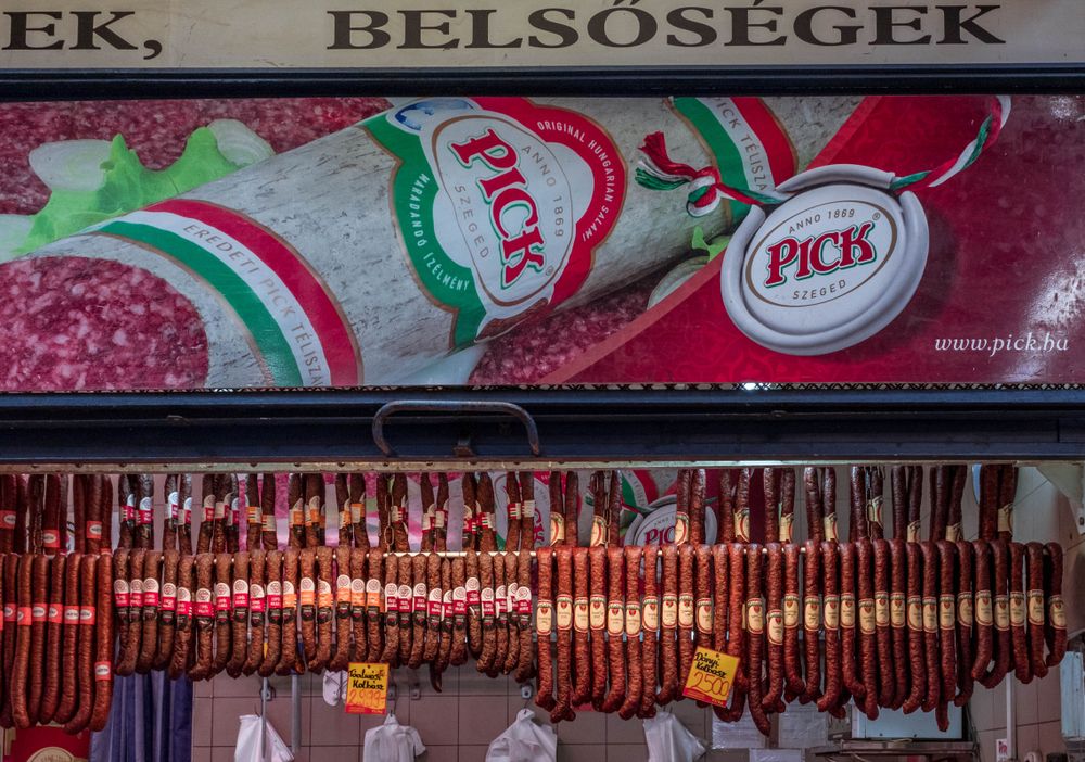 Budapest,,Hungary,-,March,27,,2019:,Hungarian,Sausages,Hanged,In