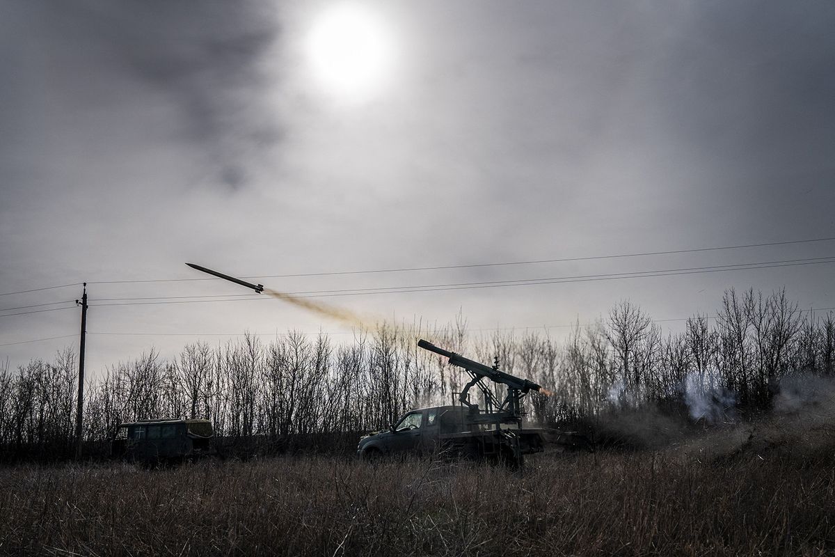 DONETSK OBLAST, UKRAINE - MARCH 05: Ukrainian soldiers fire missiles from a Grad PC3B, with a homemade shuttle, at Russian positions in the direction of Bakhmut during the ongoing two-year war between Russia and Ukraine in Donbas, Ukraine on March 05, 2024. Jose Colon / Anadolu (Photo by JOSE COLON / ANADOLU / Anadolu via AFP)