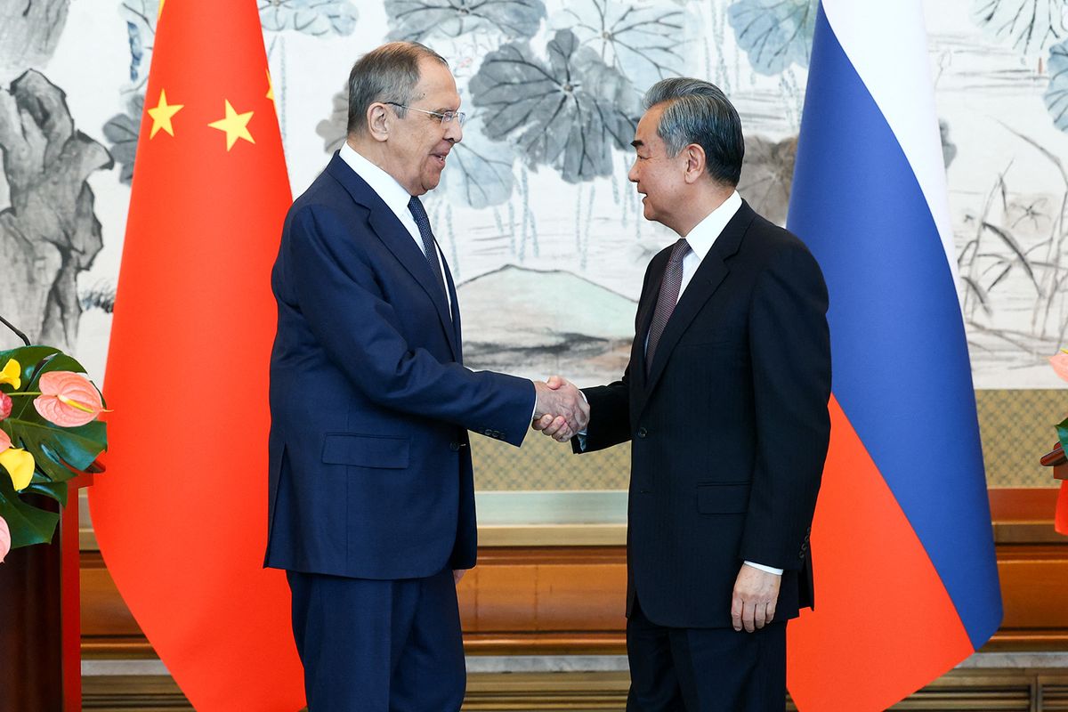 This handout picture taken and released by the Russian Foreign Ministry on April 9, 2024 shows Russian Foreign Minister Sergei Lavrov and China's Foreign Minister Wang Yi holding a joint press conference following their talks in Beijing. (Photo by Handout / RUSSIAN FOREIGN MINISTRY / AFP) / RESTRICTED TO EDITORIAL USE - MANDATORY CREDIT "AFP PHOTO / Russian Foreign Ministry" - NO MARKETING NO ADVERTISING CAMPAIGNS - DISTRIBUTED AS A SERVICE TO CLIENTS