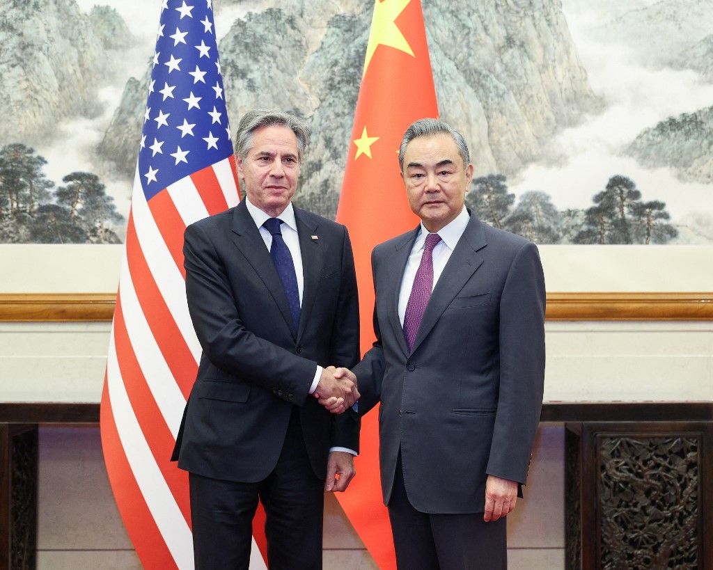 (240426) -- BEIJING, April 26, 2024 (Xinhua) -- Chinese Foreign Minister Wang Yi, also a member of the Political Bureau of the Communist Party of China Central Committee, holds talks with U.S. Secretary of State Antony Blinken in Beijing, capital of China, April 26, 2024. (Xinhua/Liu Bin) (Photo by LIU BIN / XINHUA / Xinhua via AFP)