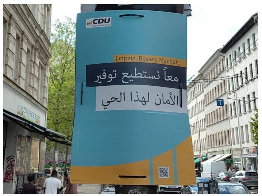 Lipcse, plakát CDU, arab