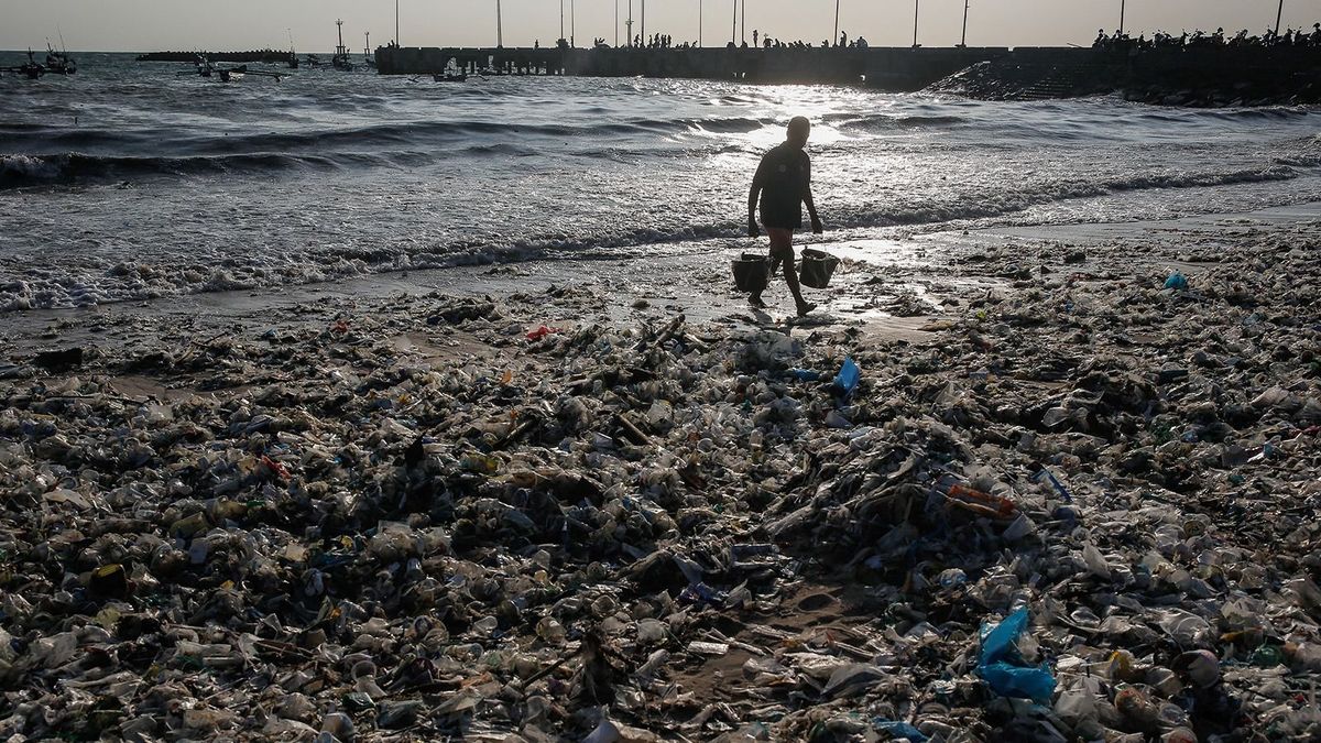 Egy férfi vödör vizet hordott műanyag hulladék között egy szennyezett parton monszun szezonban Kedonganan Beachen, Badung, Bali, Indonézia, 2024. március 19. Az esős évszakban nagy mennyiségű műanyag szemetet és törmeléket a folyókba és a part menti területeken történő illegális lerakás miatt általában a partvonalakra mosódnak, és ezzel rontják a tengerszennyezést. Indonézia a világ egyik legnagyobb tengeri műanyagszennyező országa.
Johannes Panji Christo / Anadolu (Photo by Johannes Panji Christo / ANADOLU / Anadolu via AFP)
