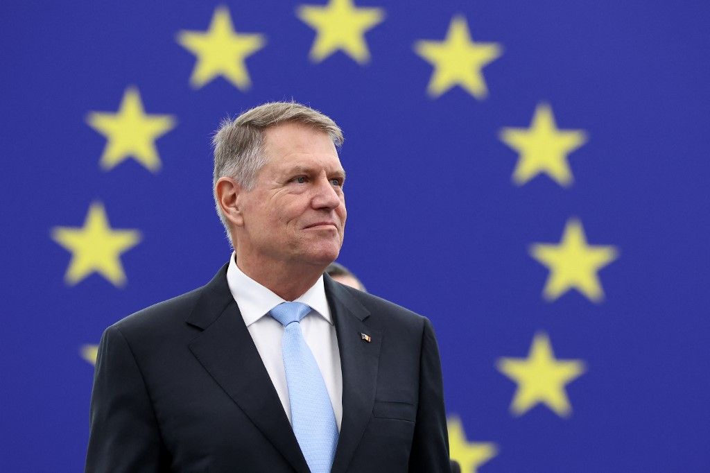 Romania's President Klaus Werner Iohannis arrives to deliver a speech during the "This is Europe" debate at the European Parliament in Strasbourg, eastern France, on February 7, 2024. (Photo by FREDERICK FLORIN / AFP)