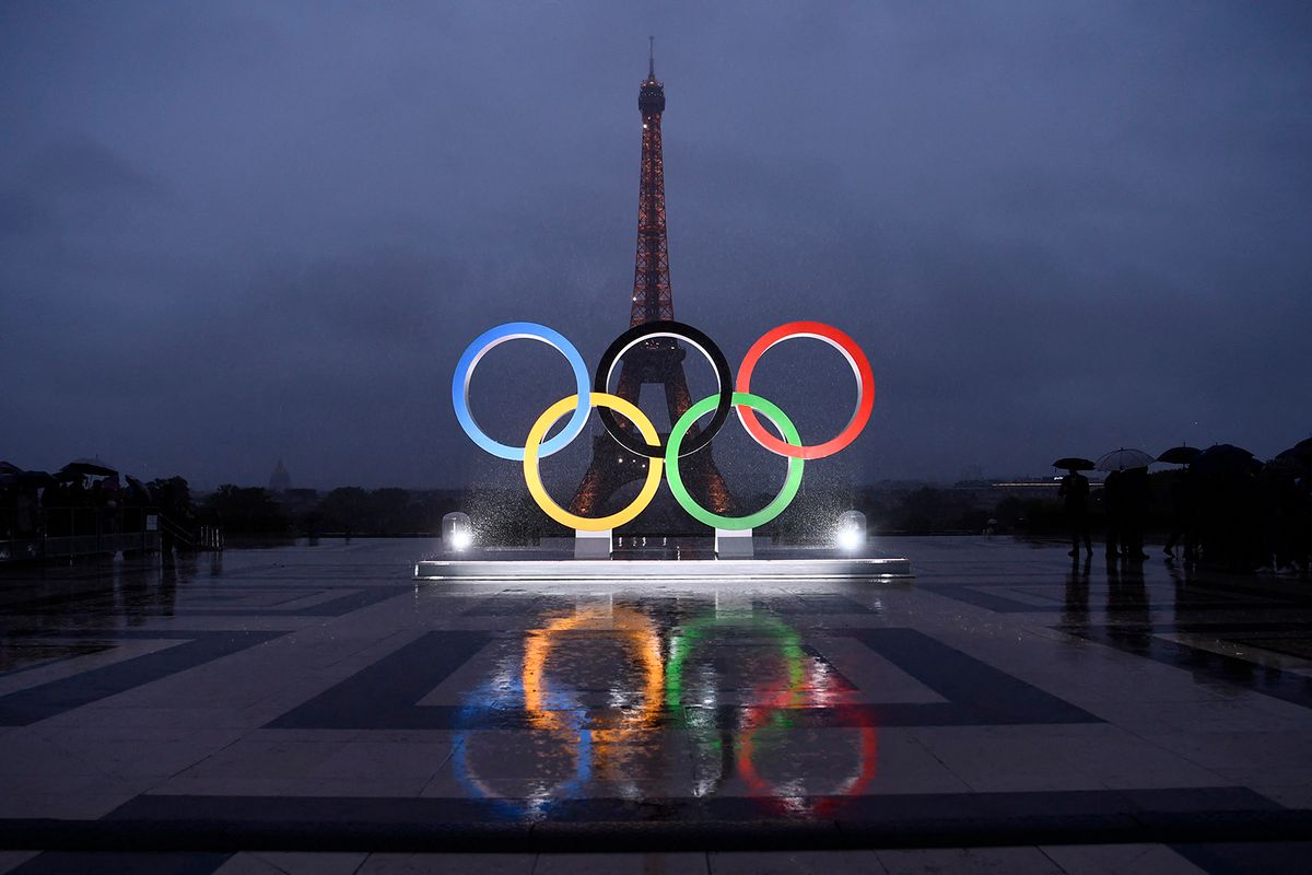 (FILES) A picture shows the Olympics Rings on the Trocadero  Esplanade near the Eiffel Tower in Paris, on September 13, 2017, after the  International Olympic Committee named Paris host city of the 2024 Summer Olympic Games. The Olympic rings will be installed on the Eiffel Tower for the Paris 2024 Olympic Games, it was learned from the site's operator on April 8, 2024. (Photo by CHRISTOPHE SIMON / AFP)