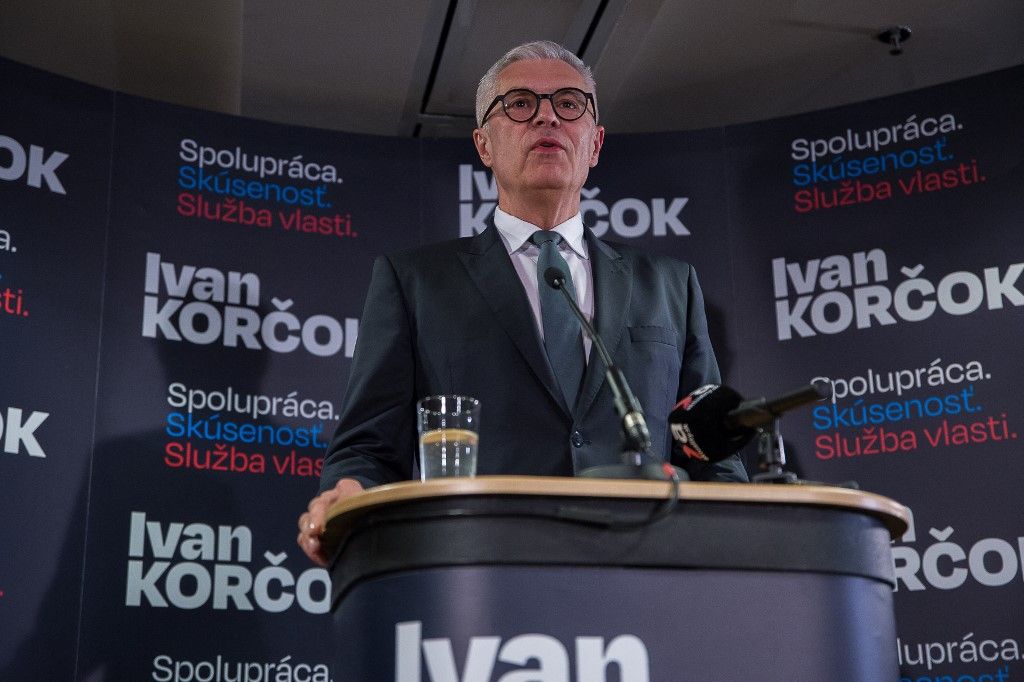 Ivan Korcok speaks to media during the election night in Slovakia