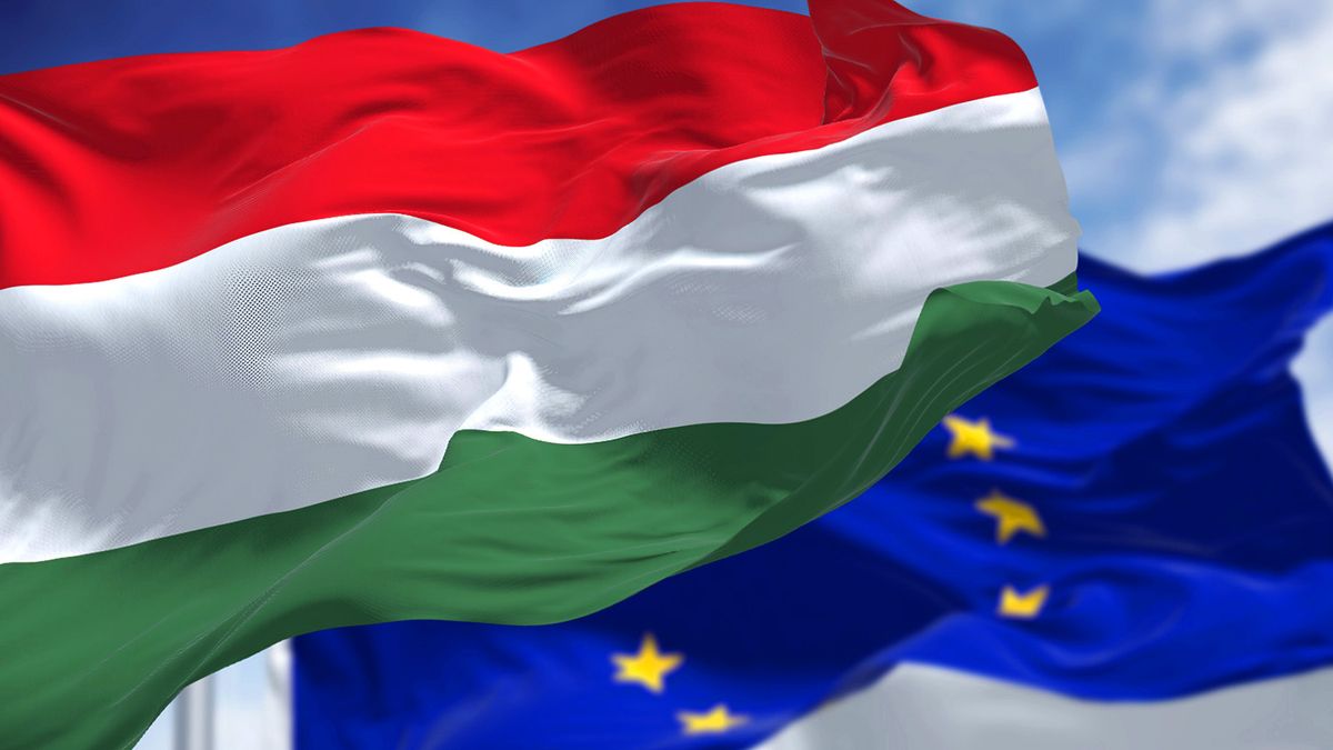Detail of the national flag of Hungary waving in the wind with blurred european union flag in the background