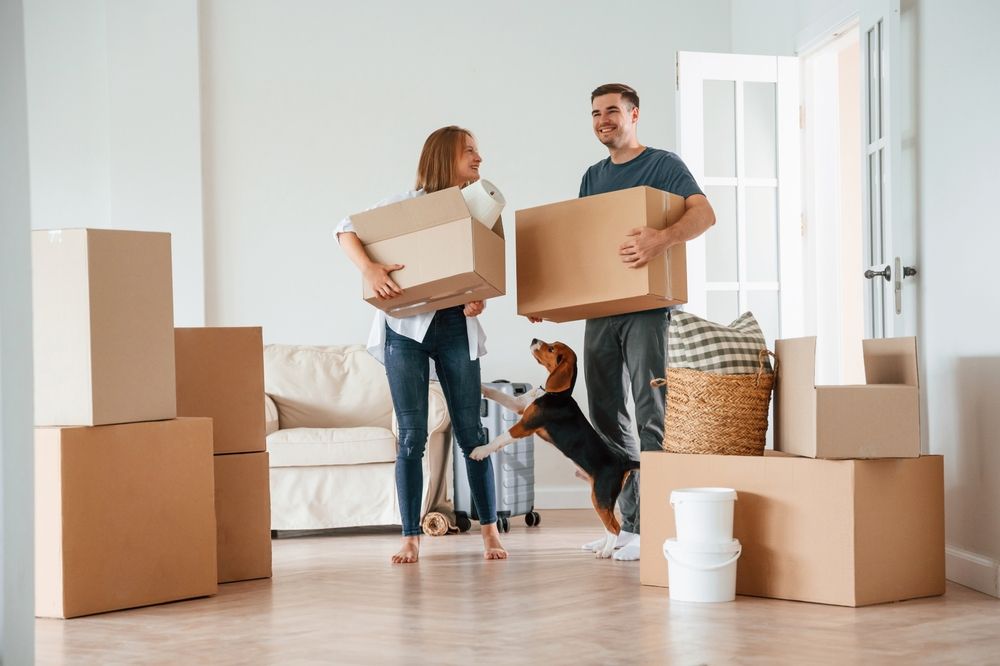 Two,Boxes,In,Hands.,Young,Couple,With,Dog,Are,Moving, lakáshitel, jelzáloghitel, 