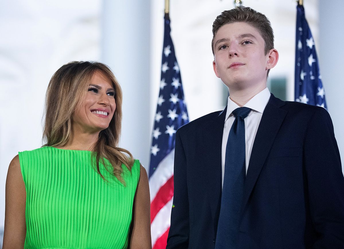 WASHINGTON, DC - AUGUST 27:  First lady Melania Trump (L) looks at her son Barron Trump after U.S. President Donald Trump delivered his acceptance speech for the Republican presidential nomination on the South Lawn of the White House August 27, 2020 in Washington, DC. Trump gave the speech in front of 1500 invited guests. (Photo by Chip Somodevilla/Getty Images)