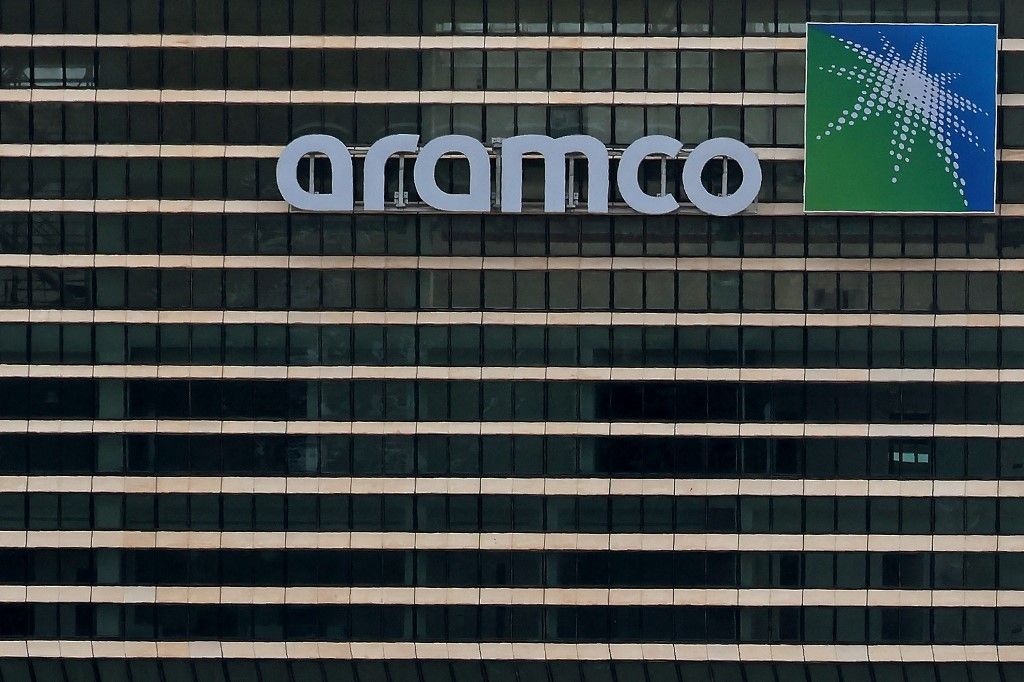 Saudo Aramco (FILES) This picture shows Aramco tower at the King Abdullah Financial District (KAFD) in Riyadh on April 16, 2023. Oil giant Saudi Aramco said on May 7, 2024 that its first-quarter net profit dipped 14.5 percent on year to $27.27 billion as the Gulf kingdom kept production cuts in place. (Photo by Fayez Nureldine / AFP)