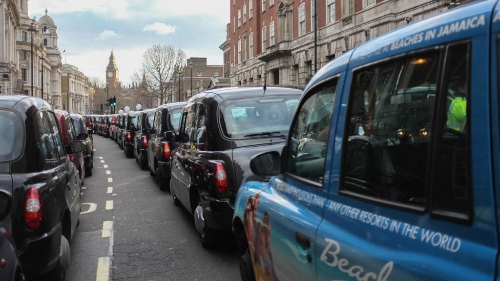 London Taxi drivers stage a protest on Whitehall on February 10, 2016 in London, England. Drivers are claiming that Uber is not subjected to the same stringent regulation requirements as they are and that deregulation of the trade has compromised passenger safety.
(Photo by Jay Shaw Baker/NurPhoto) (Photo by Jay Shaw Baker / NurPhoto / NurPhoto via AFP)