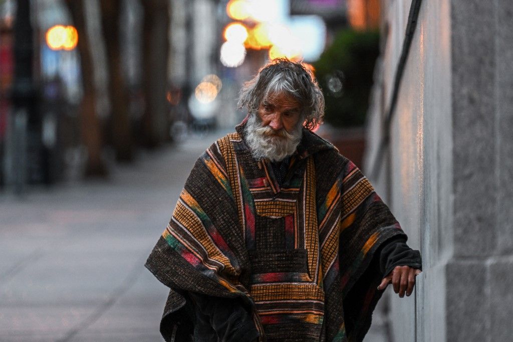 SAN FRANCISCO, CA - SEPTEMBER 02: A homeless man is seen on a sidewalk in Financial District of San Francisco, California, United States on September 2, 2023. Tayfun Coskun / Anadolu Agency (Photo by Tayfun Coskun / ANADOLU AGENCY / Anadolu via AFP)