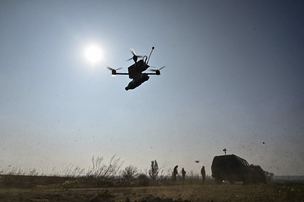 An aerial reconnaissance platoon of the 116th Separate Mechanized Brigade is setting up a simulated training ground for training in the operation of reusable bomber drones in Zaporizhzhia, south-eastern Ukraine, on March 8, 2024. NO USE RUSSIA. NO USE BELARUS. (Photo by Ukrinform/NurPhoto) (Photo by Dmytro Smolienko / NurPhoto / NurPhoto via AFP)