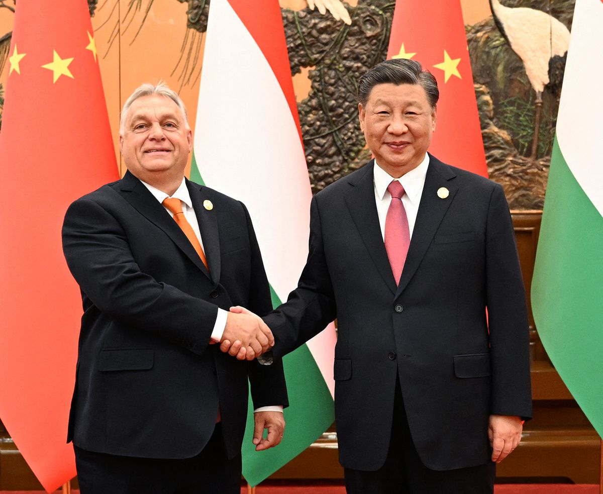 (231017) -- BEIJING, Oct. 17, 2023 (Xinhua) -- Chinese President Xi Jinping meets with Hungarian Prime Minister Viktor Orban at the Great Hall of the People in Beijing, capital of China, Oct. 17, 2023. Viktor Orban is in Beijing to attend the third Belt and Road Forum for International Cooperation. (Xinhua/Rao Aimin) (Photo by Rao Aimin / XINHUA / Xinhua via AFP) Hszi