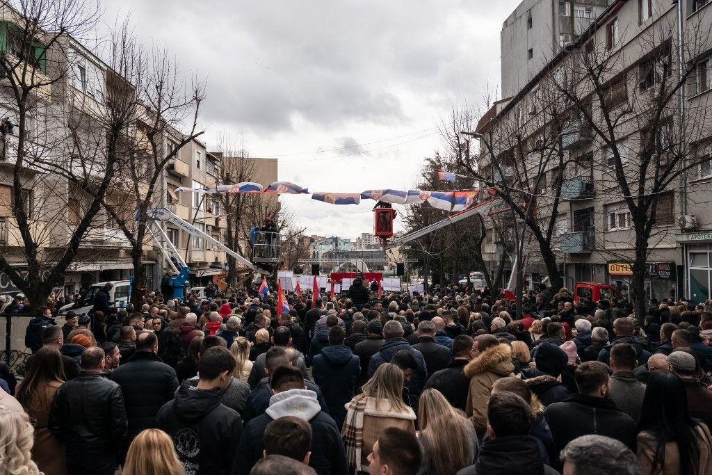 Thousands of Serbian citizens are gathering in the main street of North Mitrovica, Kosovo, on February 12, 2024, to demonstrate against the decision of the Central Bank of Kosovo to ban the Serbian dinar in the country. (Photo by Matteo Placucci/NurPhoto) (Photo by Matteo Placucci / NurPhoto / NurPhoto via AFP)