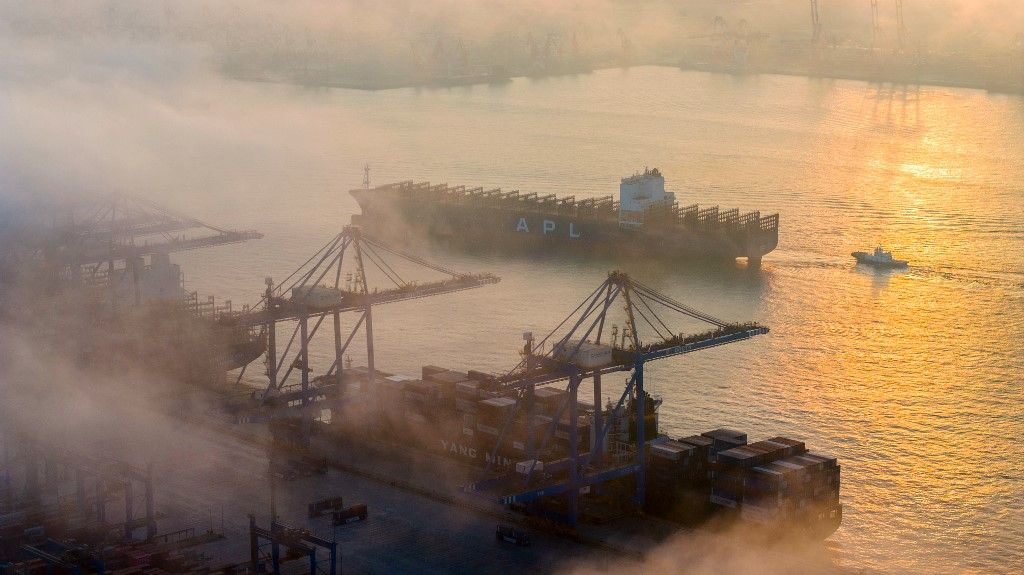 Container Terminal Under Heavy Fog at Qingdao Port