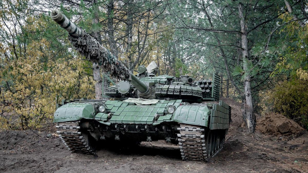 panzer T-64  on combat duty in a coniferous forestpanzer T-64  on combat duty in a coniferous forest in Avdiivka, Donetsk Oblast, Ukraine