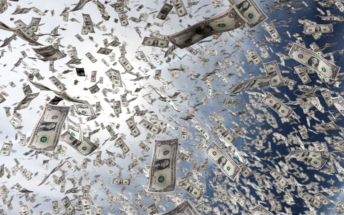 3d rendering of money us dollars raining from the sky, pénzeső