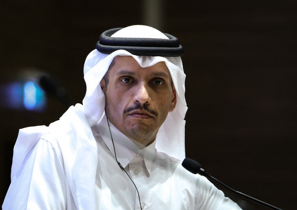 DOHA, QATAR - APRIL 17: Turkish Foreign Minister Hakan Fidan (not seen) and Sheikh Mohammed bin Abdulrahman Al Thani, Prime Minister and Minister of Foreign Affairs of Qatar, hold a joint press conference after their meeting in Doha, Qatar on April 17, 2024. Murat Gok / Anadolu (Photo by Murat Gok / ANADOLU / Anadolu via AFP)