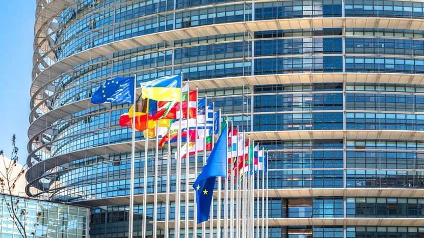 European,Countries,Flags,In,Front,Of,European,Parliament,Building,In