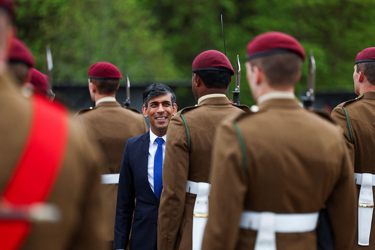 CATTERICK, UNITED KINGDOM - MAY 3:  Britain's Prime Minister Rishi Sunak looks on as he inspects the Passing Out Parade of the Parachute Regiment recruits as he visits the Helles Barracks at the Catterick Garrison, a military base in North Yorkshire, on May 3, 2024 in Cattrick, England.  (Photo by Molly Darlington-WPA Pool/Getty Images)