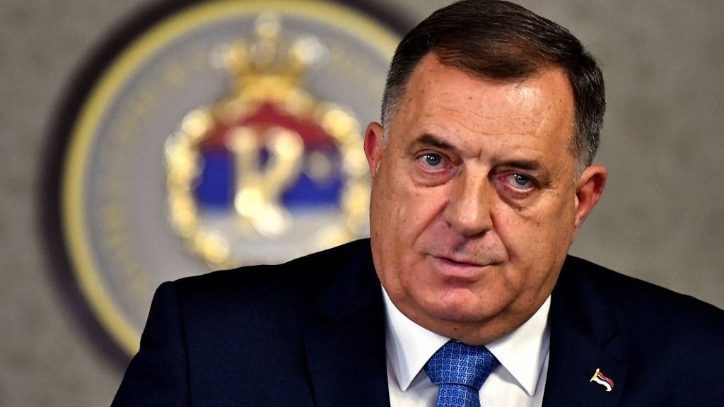 Milorad Dodik, leader of the Union of Independent Social Democrats (SNSD) party, the most influential political party in Bosnian-Serb dominated entity of Republika Srpska, addresses media, on October 27, 2022, after Central Electoral Commission anounced the results of counting and re-validateing ballots after Bosnia and Herzegovina's general elections, held on October 2. Dodik won the election for the position of the President of Republika Srpska entity of Bosnia and Herzegovina. (Photo by ELVIS BARUKCIC / AFP)