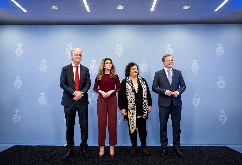 THE HAGUE - Geert Wilders (PVV), Dilan Yesilgoz (VVD), Caroline van der Plas (BBB) and Pieter Omtzigt (NSC) during the presentation of the main lines agreement. The four parties PVV, NSC, VVD and BBB have reached an agreement for a new cabinet. ANP KOEN VAN WEEL netherlands out - belgium out (Photo by Koen van Weel / ANP MAG / ANP via AFP)