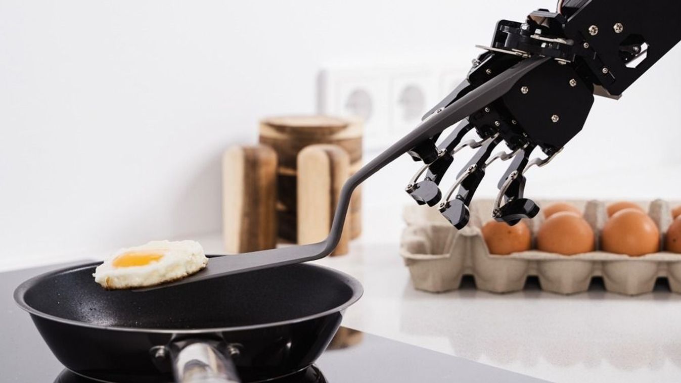 Real,Robot,Hand,And,Frying,Pan,With,Fried,Egg.,Concepts