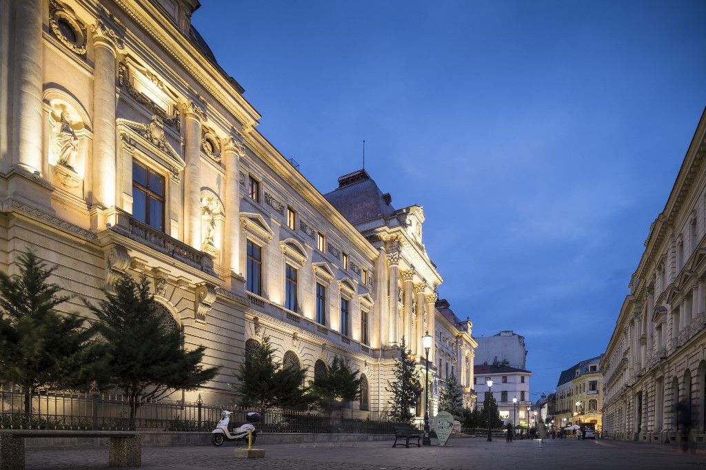 National Bank of Romania at Night, Old Town Quarter of Lipscani, Bucharest, Romania