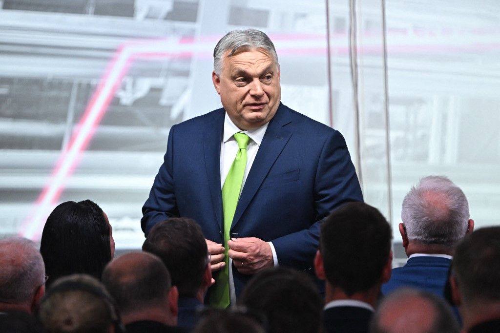 Hungarian Prime Minister Viktor Orban is seen at the inauguration of Hungarian oil company Mol Group's new polyol complex near Tiszaujvaros, a town about 160 km from the Hungarian capital Budapest, on May 14, 2024. The petrochemical plant is set to produce around 200,000 tons of polyols per year. The Hungarian government subsidised the 1.3 billion development through tax allowance and investment grants. (Photo by Attila KISBENEDEK / AFP)