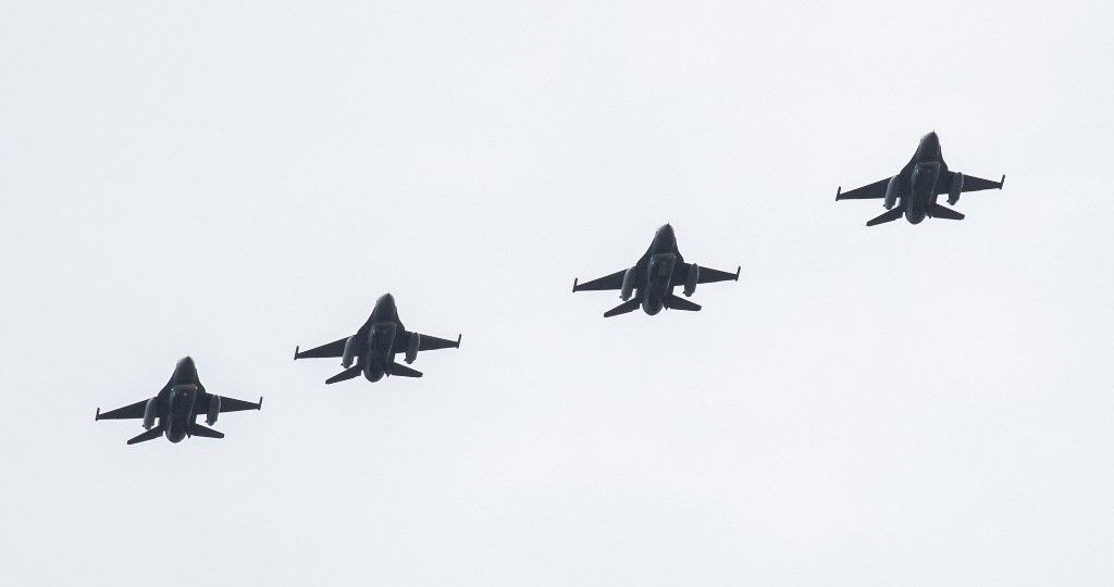 Illustration picture shows F-16 fighter jets after a press conference of the Belgian defence, to discuss the missions it's involved in, and to look back on the Desert Falcon mission, at the military air base in Kleine-Brogel, Peer on Friday 01 October 2021. BELGA PHOTO BENOIT DOPPAGNE (Photo by BENOIT DOPPAGNE / BELGA MAG / Belga via AFP)