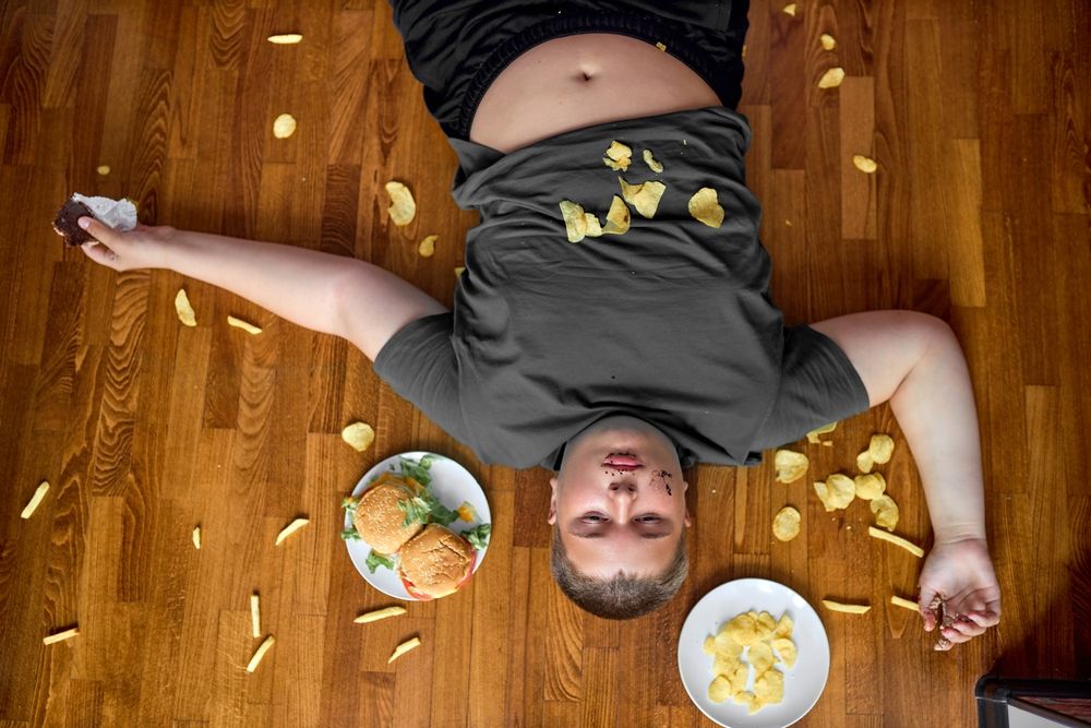 Corpulent,Fat,Boy,Eat,Junk,Food,While,Lying,On,Floor