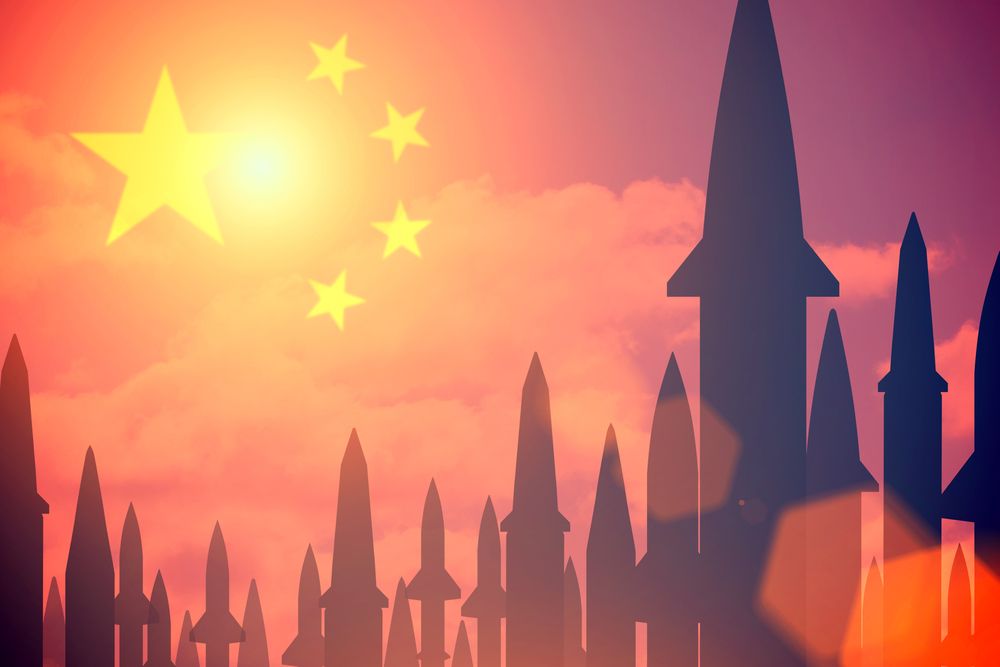 Rockets,Silhouettes,Background,China,Flag.,Toned