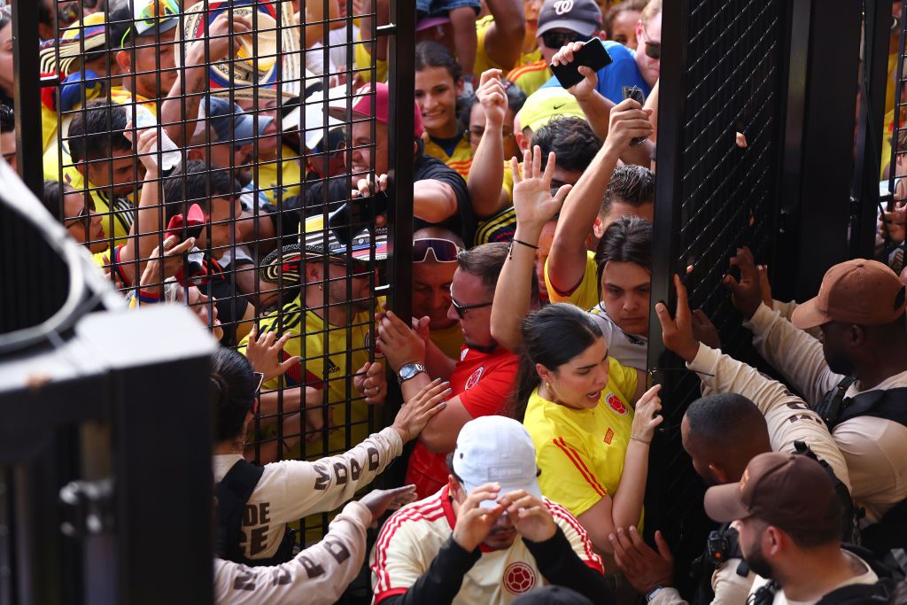 MIAMI GARDENS, FLORIDA - JULY 14: Fans try to enter the stadium during the CONMEBOL Copa America 2024 Final match between Argentina and Colombia at Hard Rock Stadium on July 14, 2024 in Miami Gardens, Florida. (Photo by Maddie Meyer/Getty Images) copa america