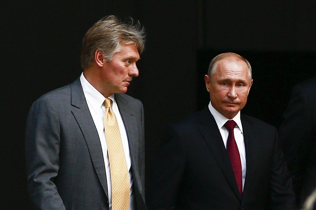 MOSCOW, RUSSIA - (ARCHIVE): A file photo dated on June 20, 2019 shows Kremlin spokesman Dmitry Peskov (L) attending Russian President Vladimir Putin's annual Question and Answer live-broadcast nationwide television and radio session 'Direct Line with Vladimir Putin' in Moscow, Russia. Kremlin spokesman Dmitry Peskov on Tuesday announced he contracted COVID-19. Sefa Karacan / Anadolu Agency (Photo by SEFA KARACAN / ANADOLU AGENCY / Anadolu via AFP)