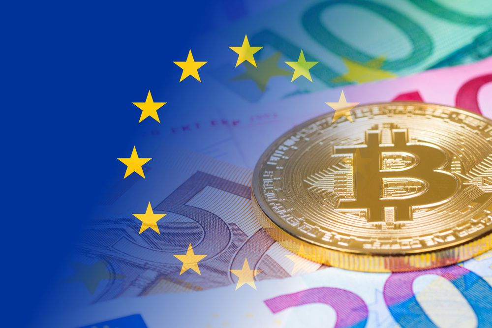 Golden,Bitcoin,Metallic,Coin,Over,Euro,Banknotes,With,Eu,Flag