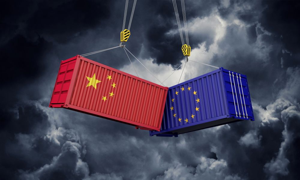 China,And,Europe,Trade,War,Concept.,Clashing,Cargo,Containers.,3d