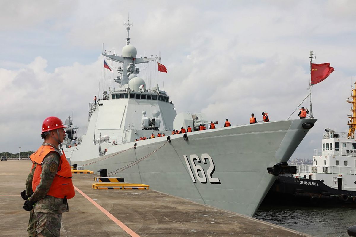 (240715) -- GUANGZHOU, July 15, 2024 (Xinhua) -- This photo taken on July 15, 2024 shows the Chinese guided-missile destroyer Nanning at a naval port in Zhanjiang, south China's Guangdong Province. Chinese and Russian fleets set sail from a naval port in Zhanjiang, south China's Guangdong Province, on Monday for a three-day maritime exercise.  As a key part of an ongoing China-Russia joint exercise, the drill will include subjects such as anchorage defense, joint reconnaissance and early warning, joint search and rescue, and joint air defense and missile defense, according to a military source.  Live weapon firing will be conducted to test the results of previous discussions and exchanges during the planning phase, the source said.  Zhang Xiaogang, spokesperson for the Ministry of National Defense, announced on Friday that Chinese and Russian armed forces started "Exercise Joint Sea-2024" in the waters and airspace near Zhanjiang. The exercise is scheduled to last until around mid-July. (Photo by Wang Jian/Xinhua) (Photo by Liu Fang / XINHUA / Xinhua via AFP)