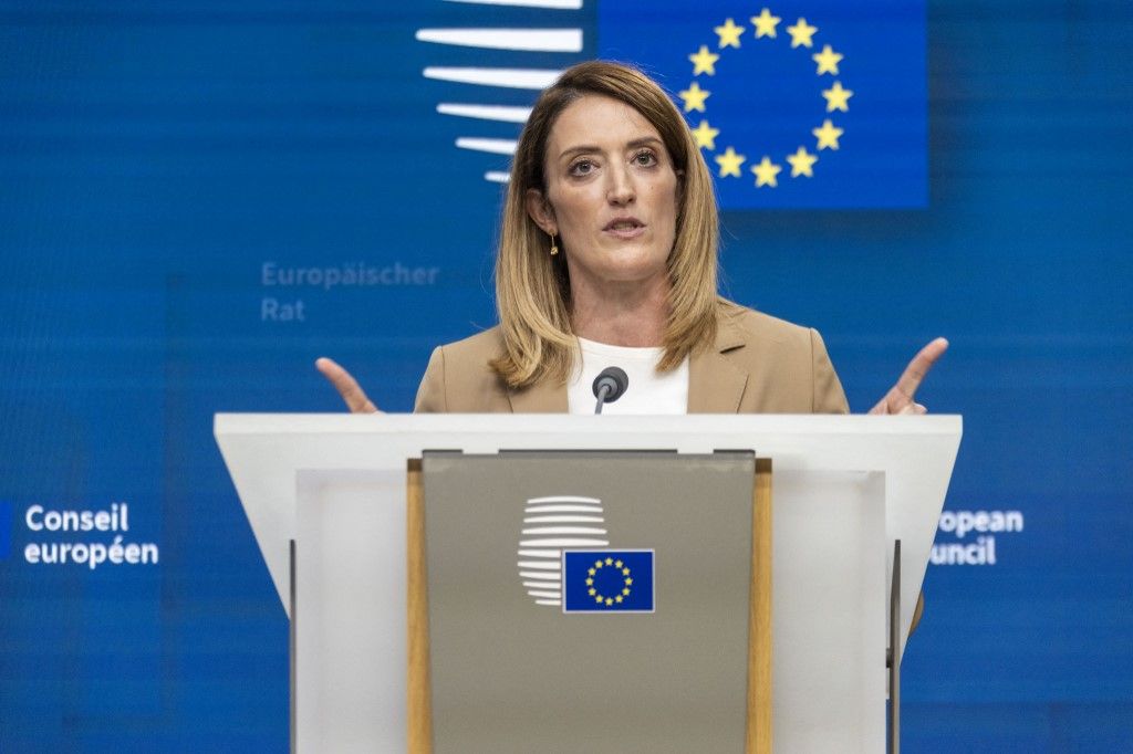 European Parliament President Roberta Metsola during a press conference on the first day of the European Council at the Europa Building in Brussels on June 27, 2024.
La presidente du Parlement europeen Roberta Metsola lors d une conference de presse le premier jour du Conseil europeen dans le batiment Europa a Bruxelles, le 27 juin 2024. (Photo by Diego Ravier / Hans Lucas / Hans Lucas via AFP)