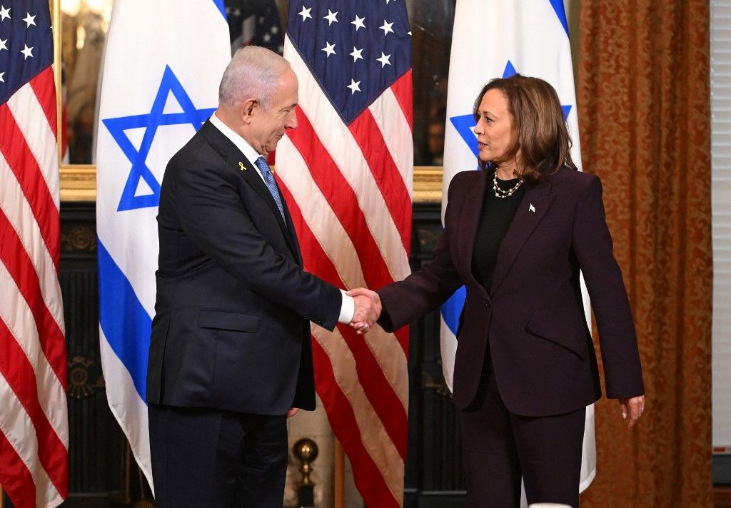 US Vice President Kamala Harris meets with Israeli Prime Minister Benjamin Netanyahu in the Vice President’s ceremonial office at the Eisenhower Executive Office Building in Washington, DC, on July 25, 2024. (Photo by ROBERTO SCHMIDT / AFP)