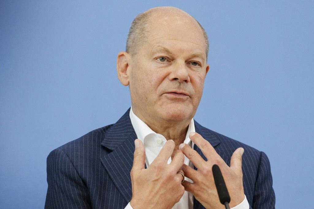 Olaf Scholz (SPD), Federal Chancellor, on his way to the Federal Press Conference, bpk, Federal Press Conference, Berlin, July 24, 2024. (Photo by Ute Grabowsky / Photothek Media Lab / dpa Picture-Alliance via AFP)