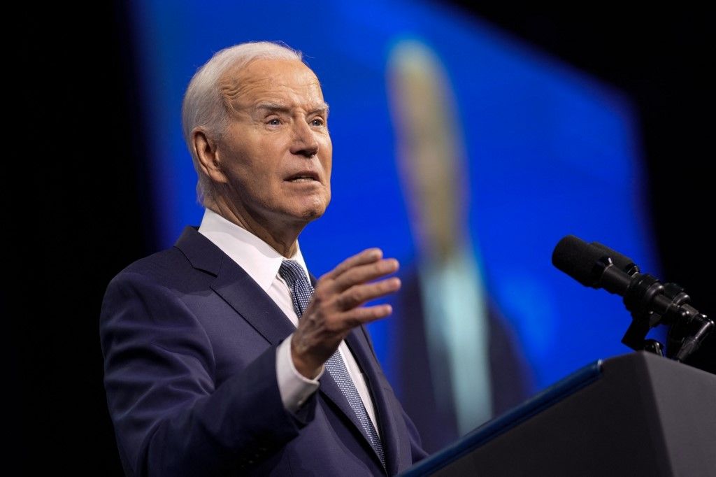 US President Joe Biden speaks during the 115th National Association for the Advancement of Colored People (NAACP) National Convention in in Las Vegas, Nevada, on July 16, 2024.  (Photo by Kent Nishimura / AFP)