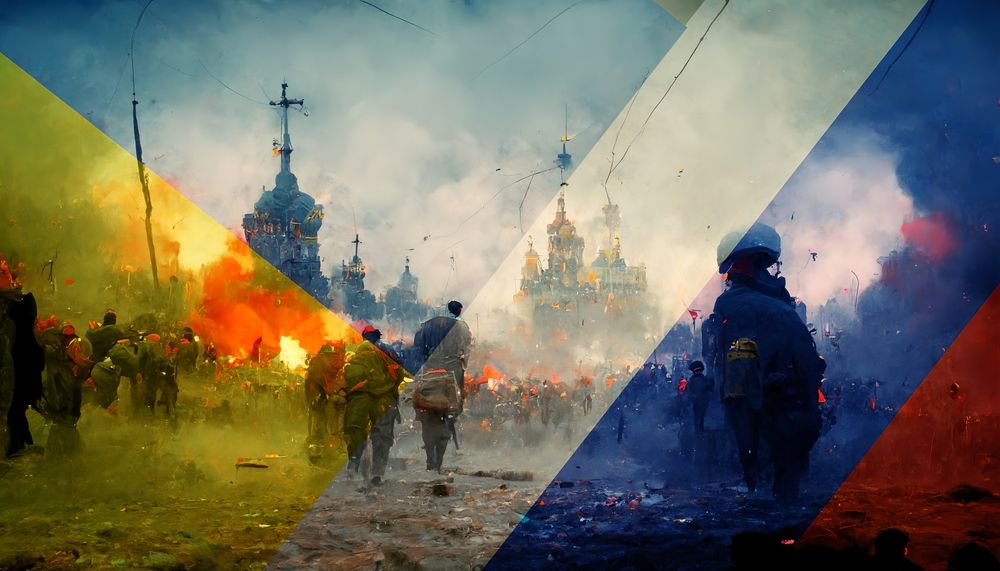 Flag,Of,Russia,And,Ukraine,Over,War,Scene,With,Soldiers