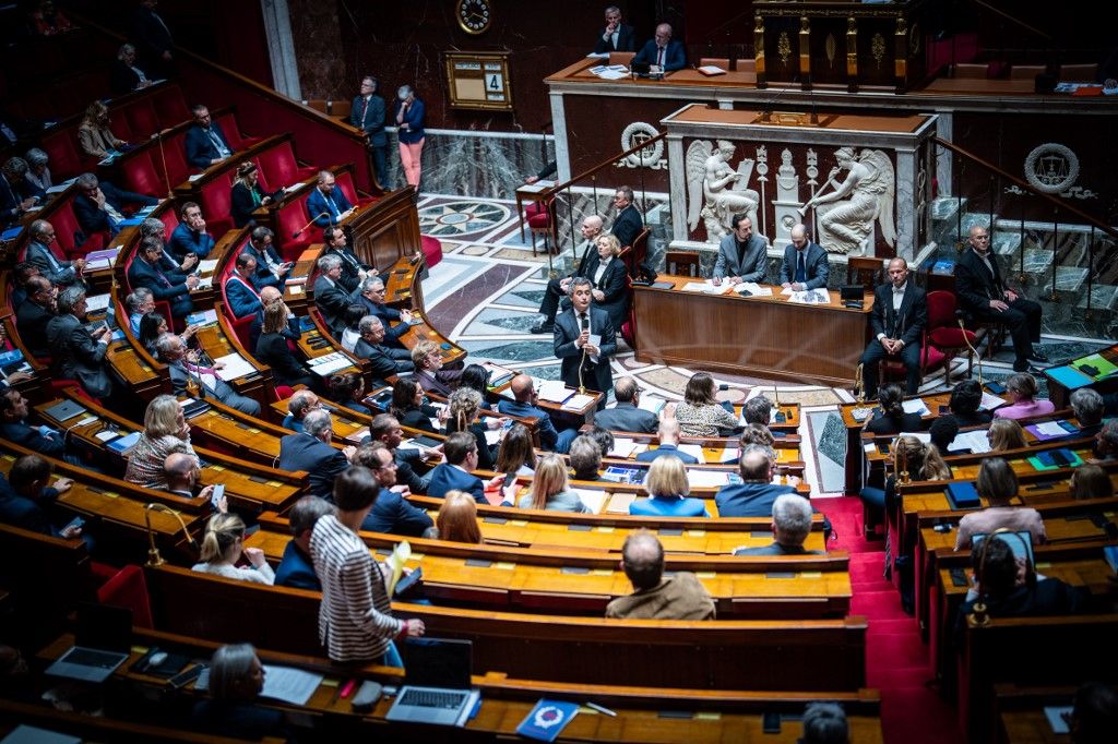 FRANCE, Paris, 2024-06-04. Photography by Xose Bouzas / Hans Lucas. Public session of questions to the french government at the Palais Bourbon, in the National Assembly chamber. Illustration, panoramic view of the hemicycle during the session. Gerald Darmanin, french minister of the interior and overseas France, speaks.
FRANCE, Paris, 2024-06-04. Photographie par Xose Bouzas / Hans Lucas. Seance publique de questions au gouvernement francais au Palais Bourbon, dans l hemicycle de l Assemblee Nationale. Illustration, vue panoramique de l hemicycle lors de la seance. Gerald Darmanin, ministre de l Interieur et des outre mer, prend la parole. (Photo by Xose Bouzas / Hans Lucas / Hans Lucas via AFP)