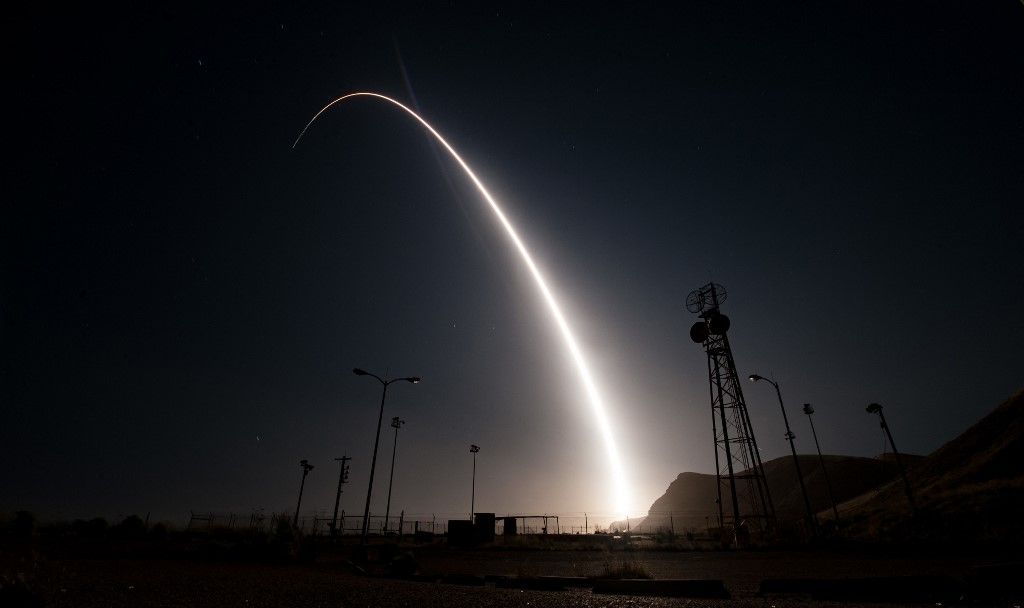 This US Air Force handout photo shows an unarmed Minuteman III intercontinental ballistic missile launches during an operational test at 12:03 a.m., PDT, on April 26,2017 from Vandenberg Air Force Base, California. The Minuteman system has been in service for 60 years. Through continuous upgrades, including new production versions, improved targeting systems, and enhanced accuracy, today's Minuteman system remains state-of-the art and is capable of meeting all modern challenges. (Photo by Senior Airman Ian DUDLEY / US AIR FORCE / AFP) / RESTRICTED TO EDITORIAL USE - MANDATORY CREDIT "AFP PHOTO / US AIR FORCE/SENIOR AIRMAN IAN DUDLEY" - NO MARKETING NO ADVERTISING CAMPAIGNS - DISTRIBUTED AS A SERVICE TO CLIENTS