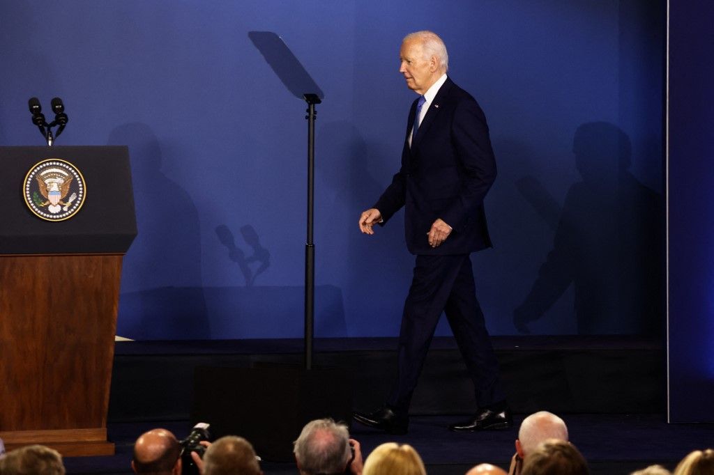 President of United States Joe Biden at the Ukraine Compact during the final day of the NATO Summit in Washington DC, United States on July 11, 2024. (Photo by Jakub Porzycki/NurPhoto) (Photo by Jakub Porzycki / NurPhoto / NurPhoto via AFP)