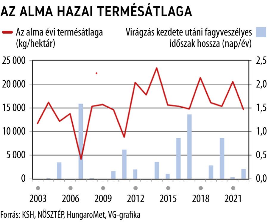 Az alma hazai termésátlaga
