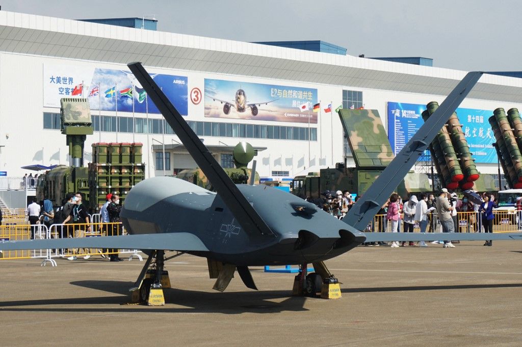 A WL-10 unmanned reconnaissance aircraft is being displayed at the 2022 Zhuhai Air Show in Zhuhai, Guangdong province, China, on November 9, 2022. (Photo by Costfoto/NurPhoto) (Photo by CFOTO / NurPhoto / NurPhoto via AFP)
