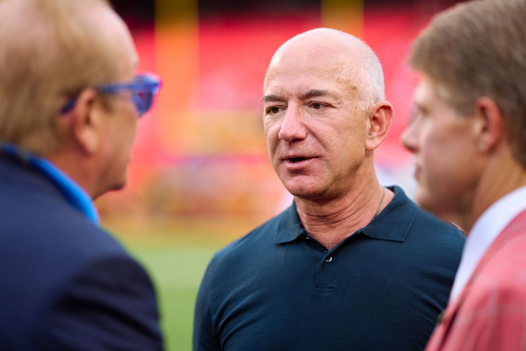 KANSAS CITY, MO - SEPTEMBER 15: Jeff Bezos looks on from the sidlines before kickoff between  the Kansas City Chiefs and Los Angeles Chargers at GEHA Field at Arrowhead Stadium on September 15, 2022 in Kansas City, Missouri. (Photo by Cooper Neill/Getty Images)
