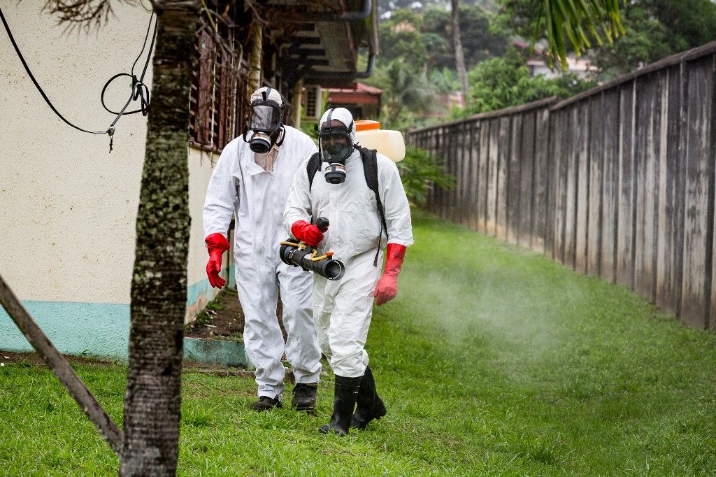 Agents of the sanitary department destroy mosquito larvae nests in Cayenne on February 19, 2016. French  government has mobilized reservists in the French overseas departments and territories of Guadeloupe, Martinique and French Guiana to fight against the epidemic of zika. (Photo by jody amiet / AFP)