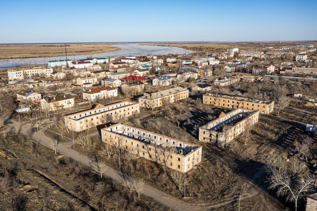 Aerial of collapsed buildings in Kurchatov, fomer headquarter of the Semipalatinsk Polygon, Kazakhstan